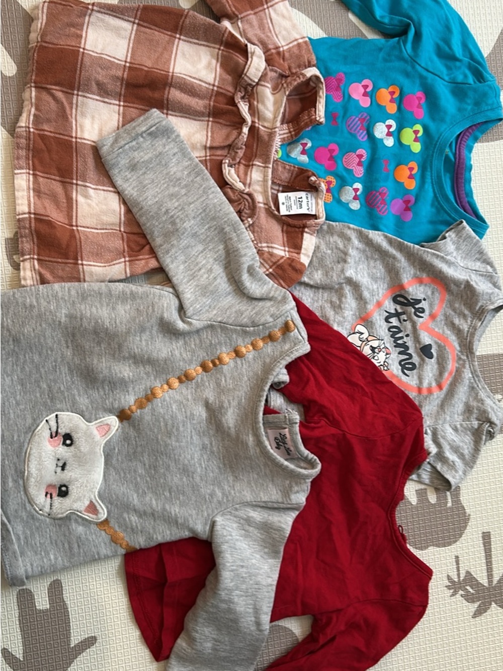Girls Mixed Long Sleeve Tops - Gray Cat, Red, Plaid & Teal Heart Prints